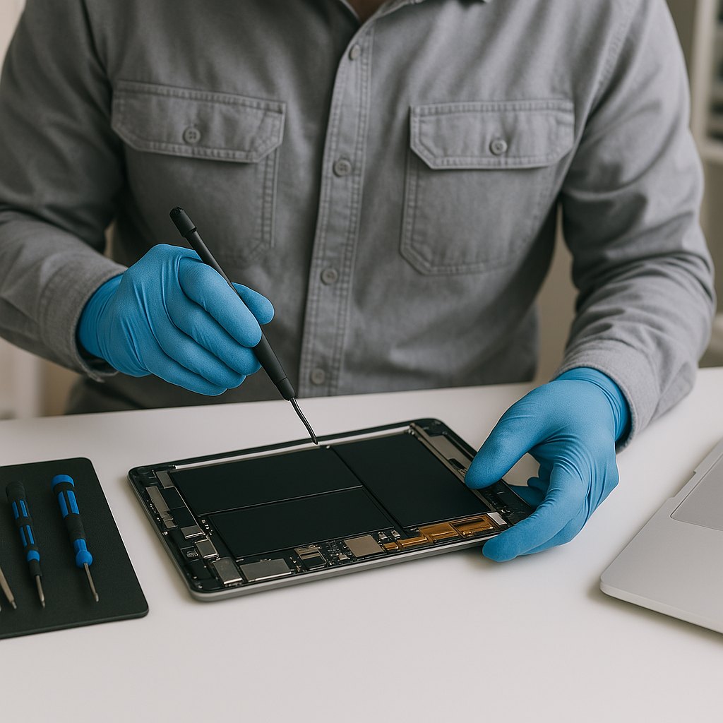 Hands working on an opened tablet — board-level teardown of the kind CBR Labs performs during redaction.